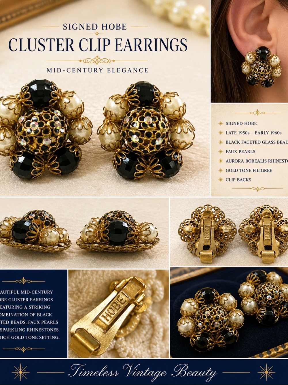 Signed Hobe Black and Gold Cluster Clip Earrings
